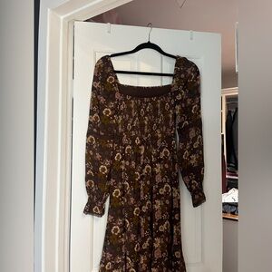 Brown flowered fall dress midi. Size xxs aritzia
